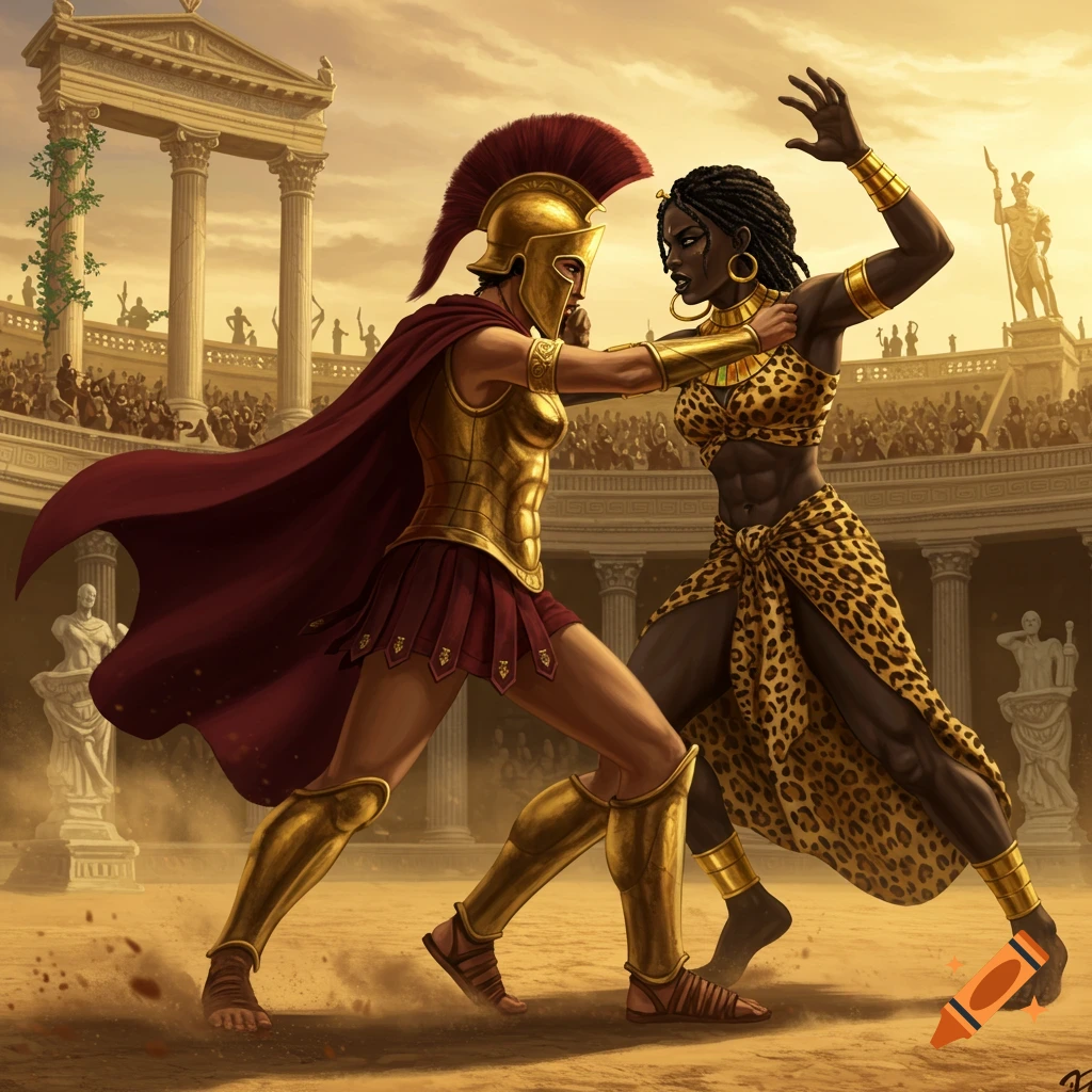 A Spartan princess in gold armor and red cape wrestles a Nubian queen in leopard print in a large ancient arena with a crowd.