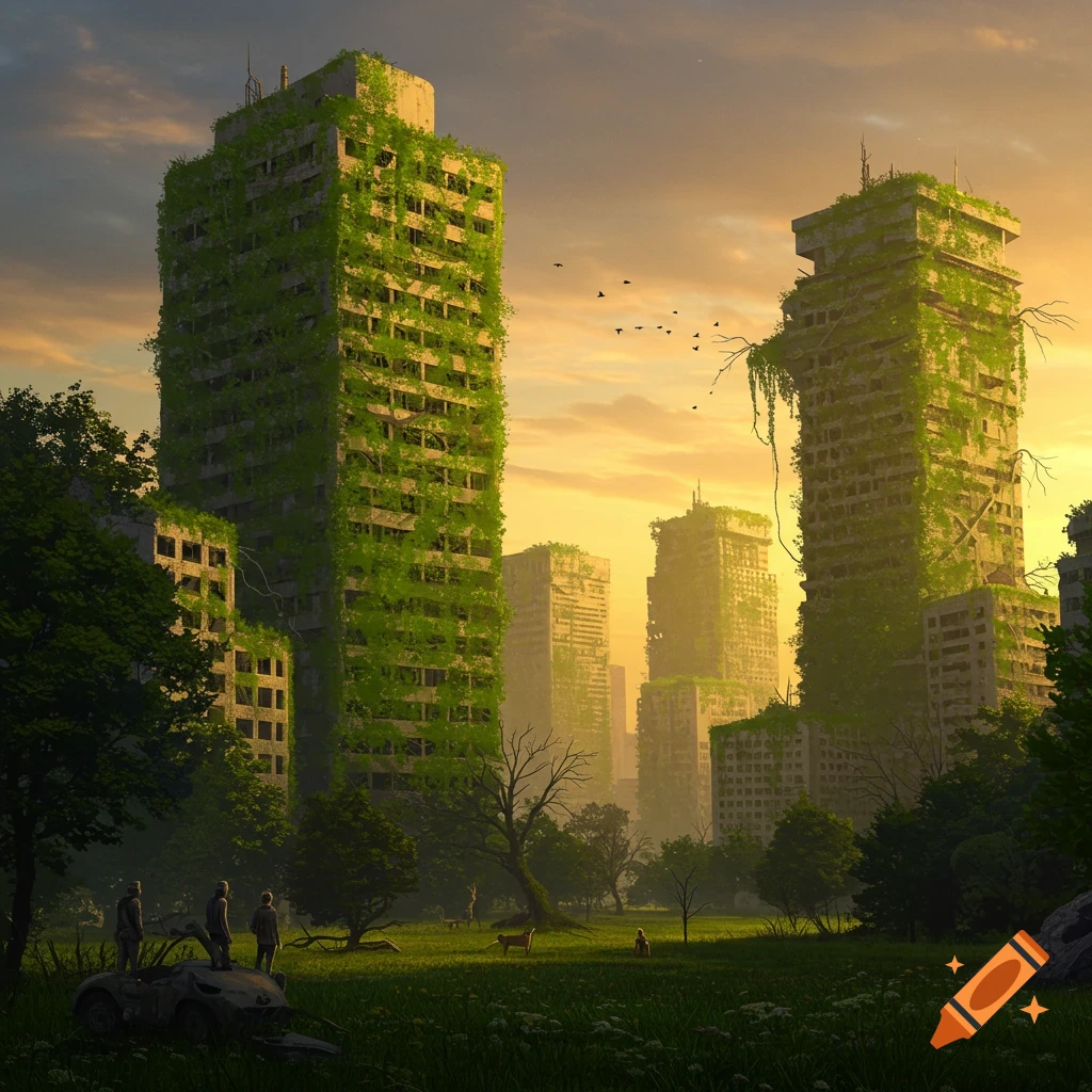 Overgrown ruins of a city at sunset with trees and grass, and a few people near a broken car in a field.