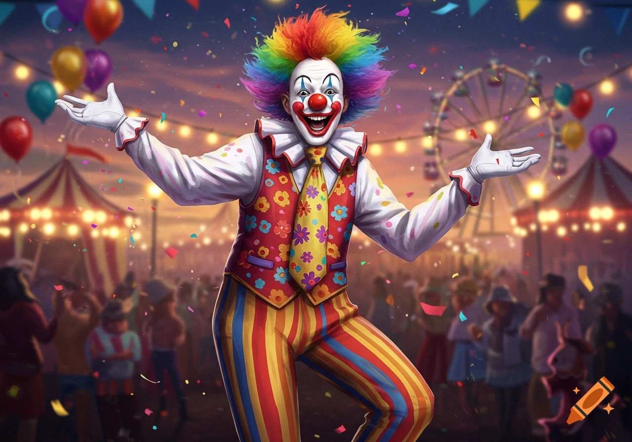 A colorful clown with rainbow hair smiles at a festive carnival with confetti, tents, balloons, and a Ferris wheel in the background.