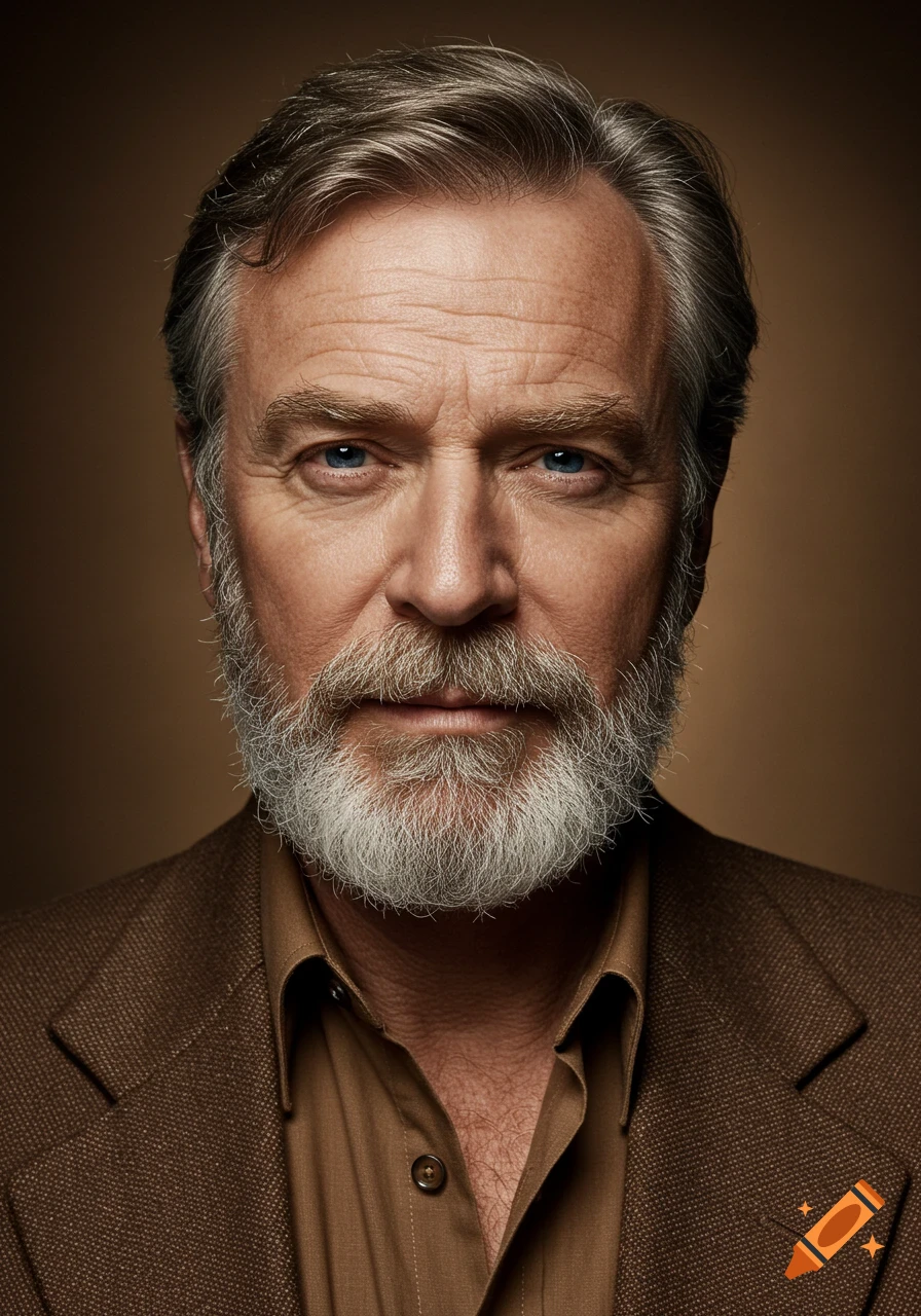 Photorealistic portrait of a middle-aged man with a grey beard in a brown suit.
