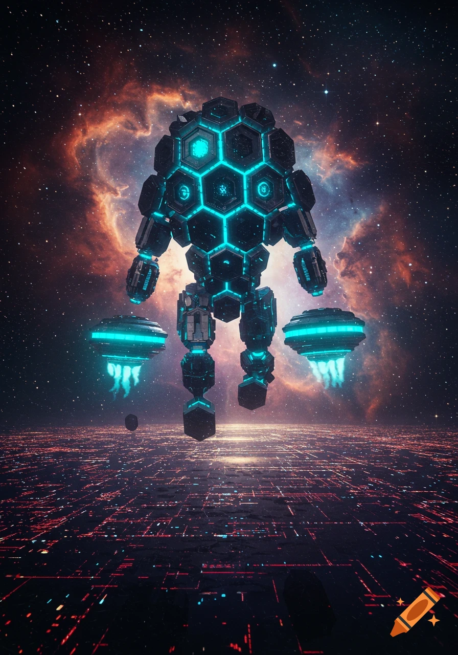 A futuristic hexagonal robot with glowing blue accents floats above a sprawling circuit board city in space with a nebula.