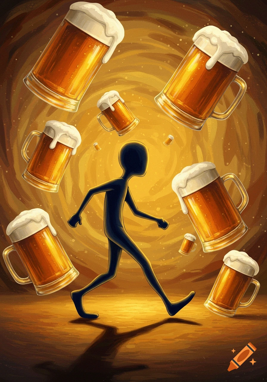 Surreal painting of a walking black silhouette surrounded by many floating beer mugs with foam, against a swirling golden background.