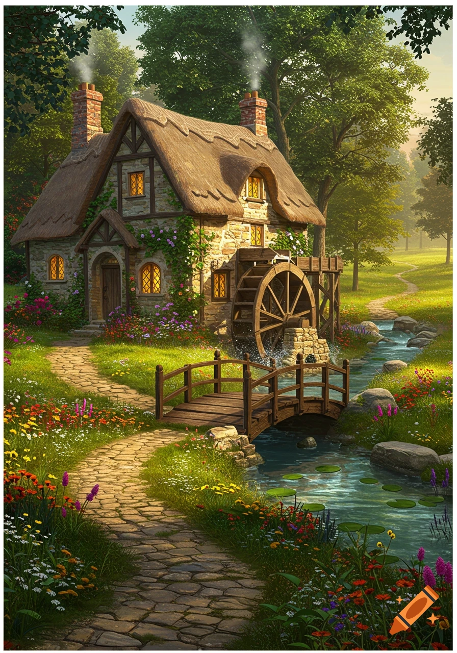 An idyllic country cottage with a thatched roof and waterwheel, beside a stream with a wooden bridge, a stone path, and vibrant wildflowers.