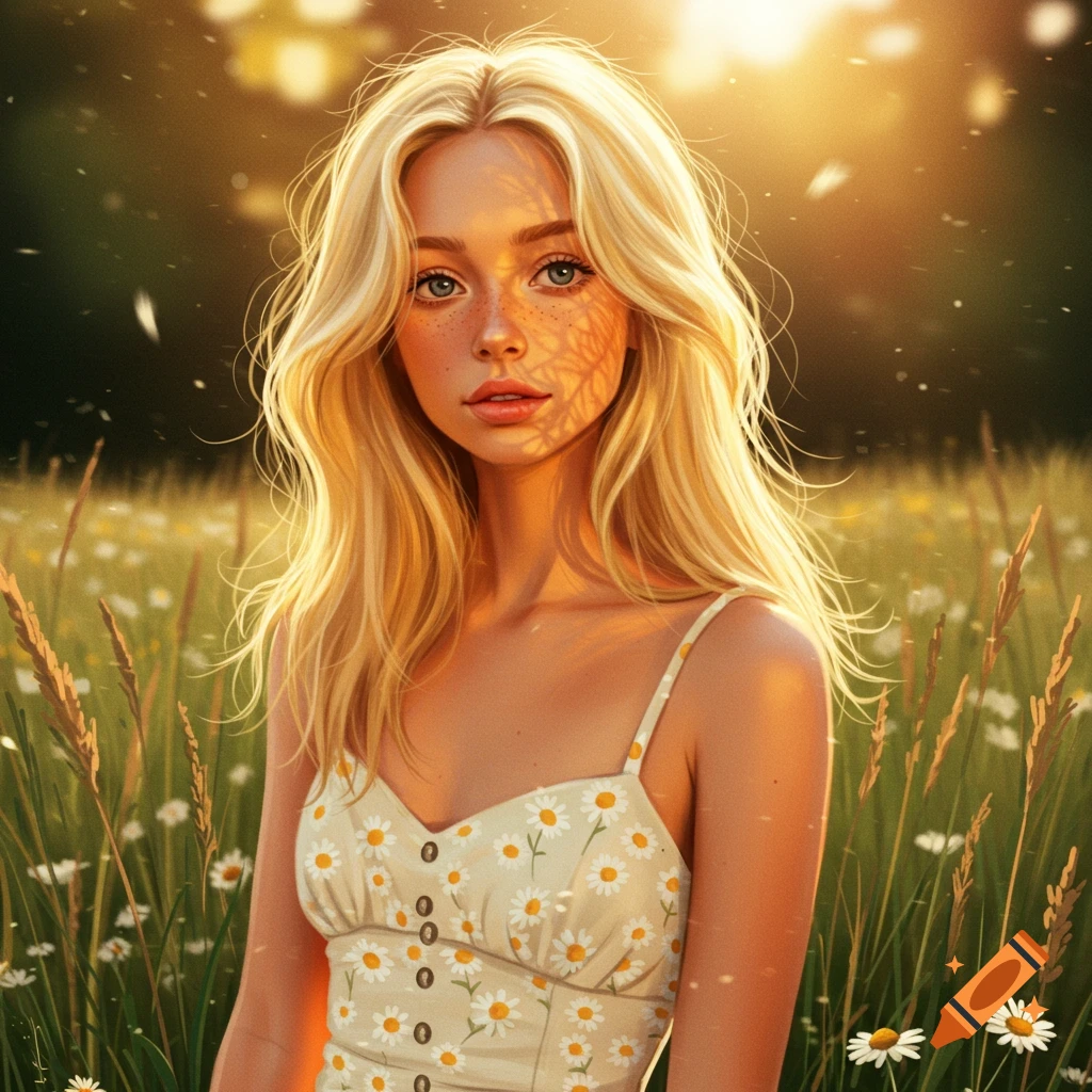 Photorealistic digital art portrait of a blonde girl with freckles in a daisy dress, standing in a sunny field.