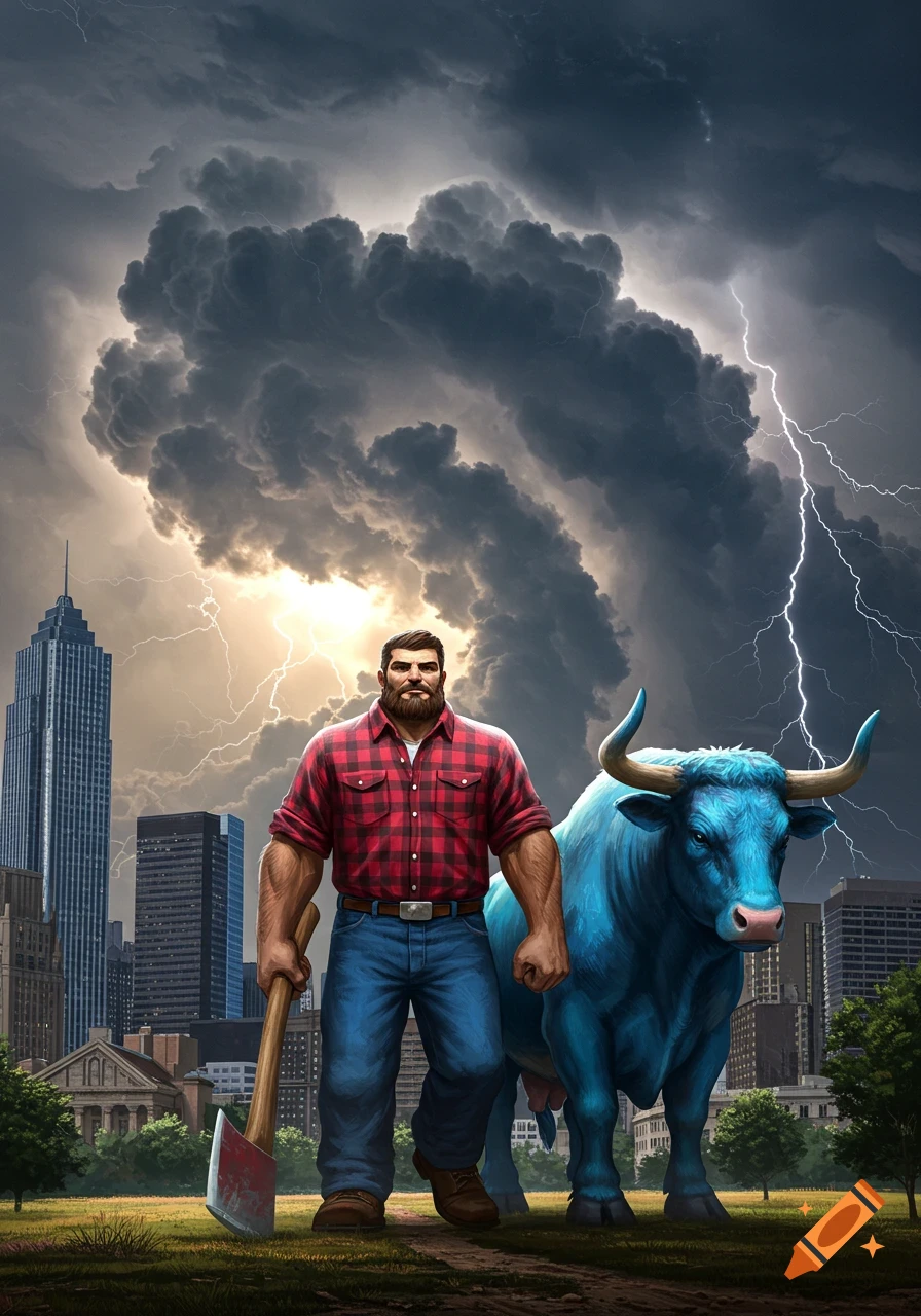 Illustration of Paul Bunyan and a giant blue ox in a city park, with skyscrapers and a stormy sky with lightning.