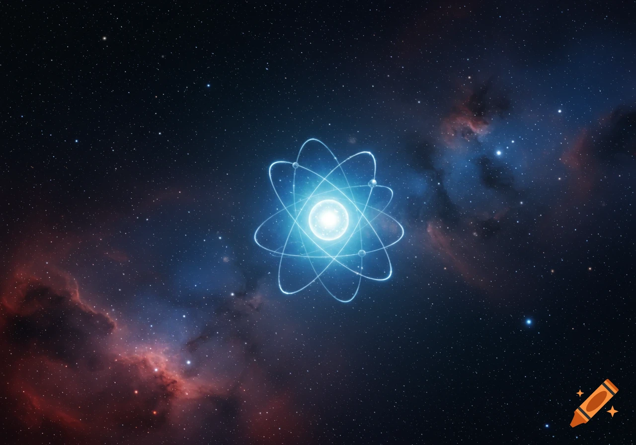 A glowing blue atomic model with orbiting electrons against a dark, starry space background with red and blue nebulae.