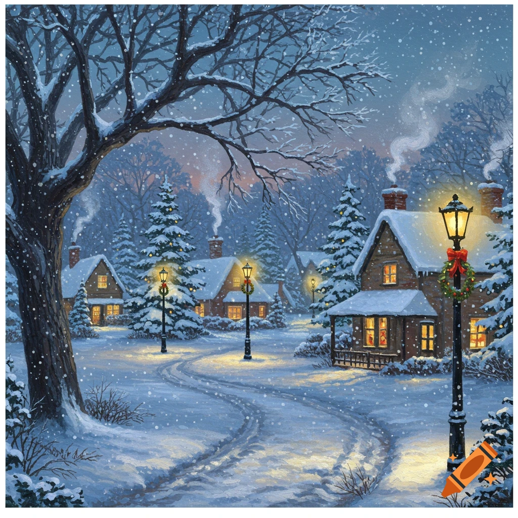Nostalgic, snowy village scene at dusk with cozy lit houses, festive lampposts, and falling snow.