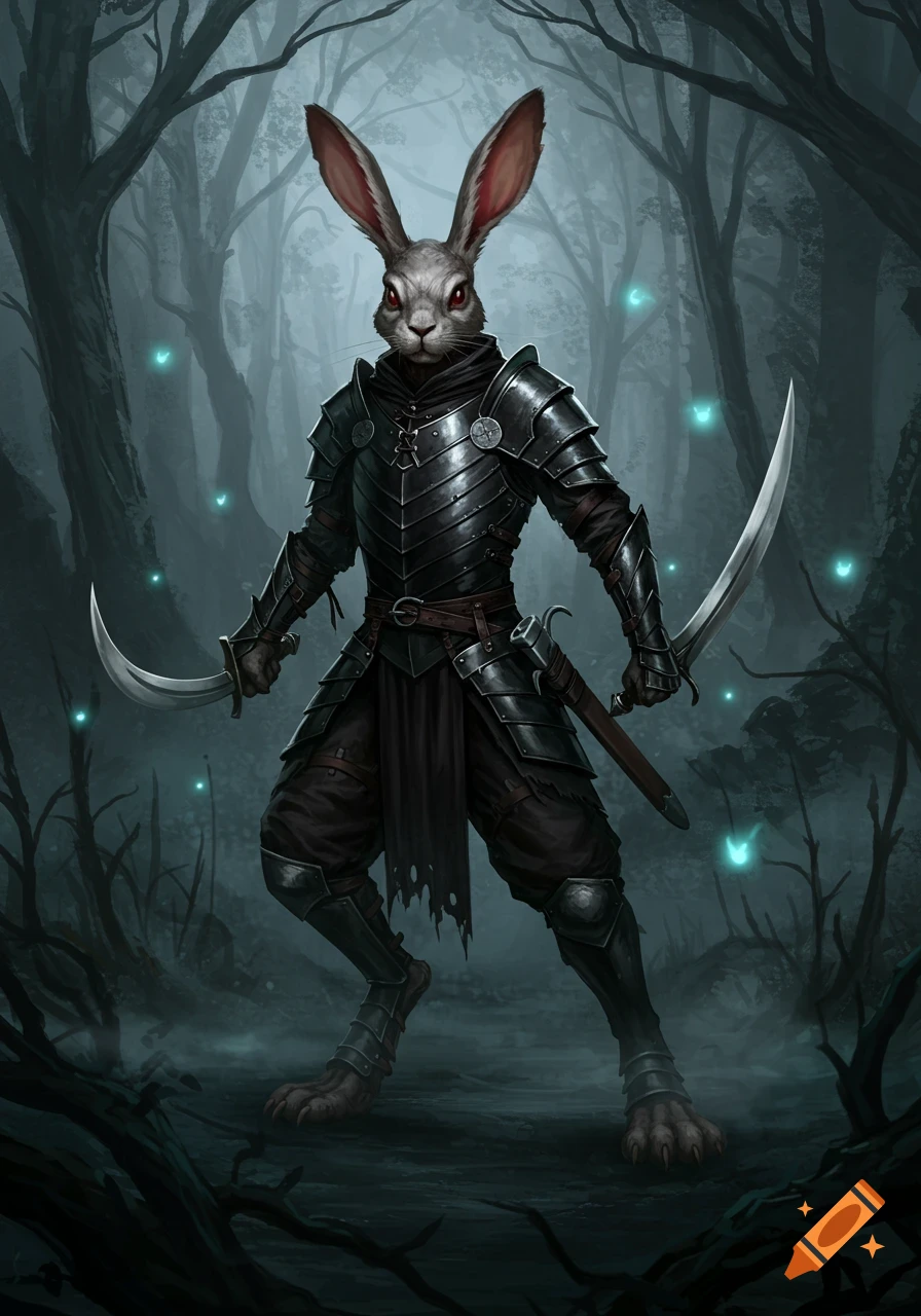 An anthropomorphic rabbit warrior in dark armor with red eyes holds two curved swords in a shadowy, mystical forest.