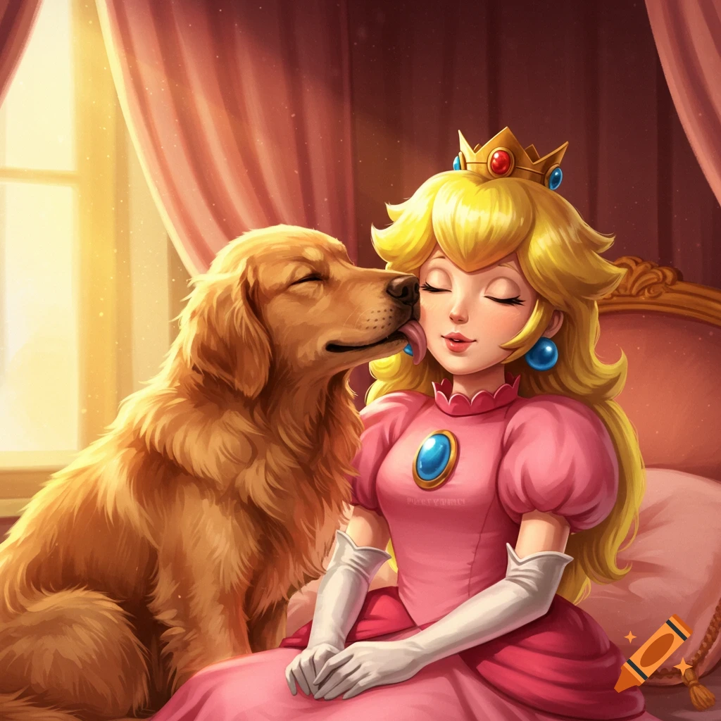 Digital art of Princess Peach in a pink dress sitting on a bed as a golden retriever licks her face.