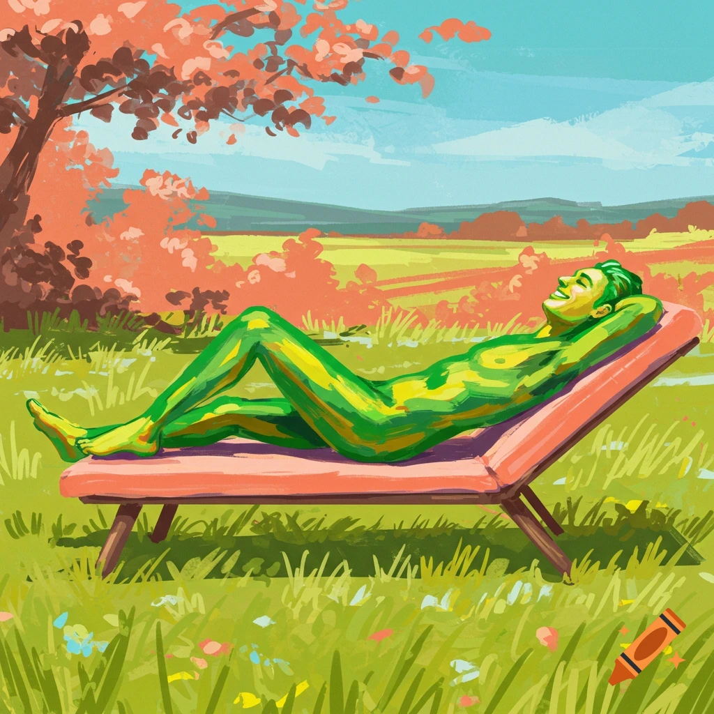 Vibrant painting of a green and yellow body-painted man relaxing on a lounge chair in a sunny, grassy field under a tree.