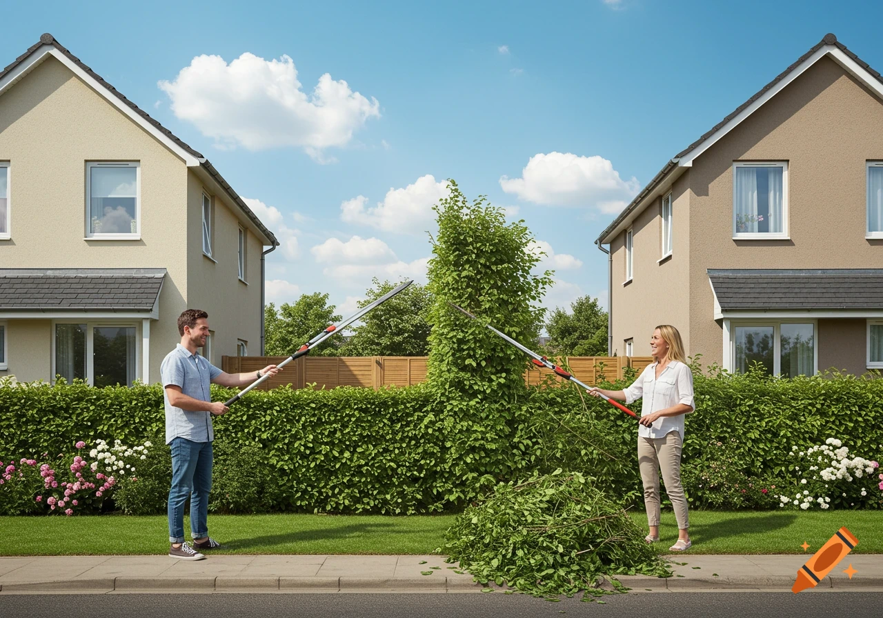 A man and a woman trim a tall green hedge between two houses on a sunny day, each holding a long hedge trimmer.