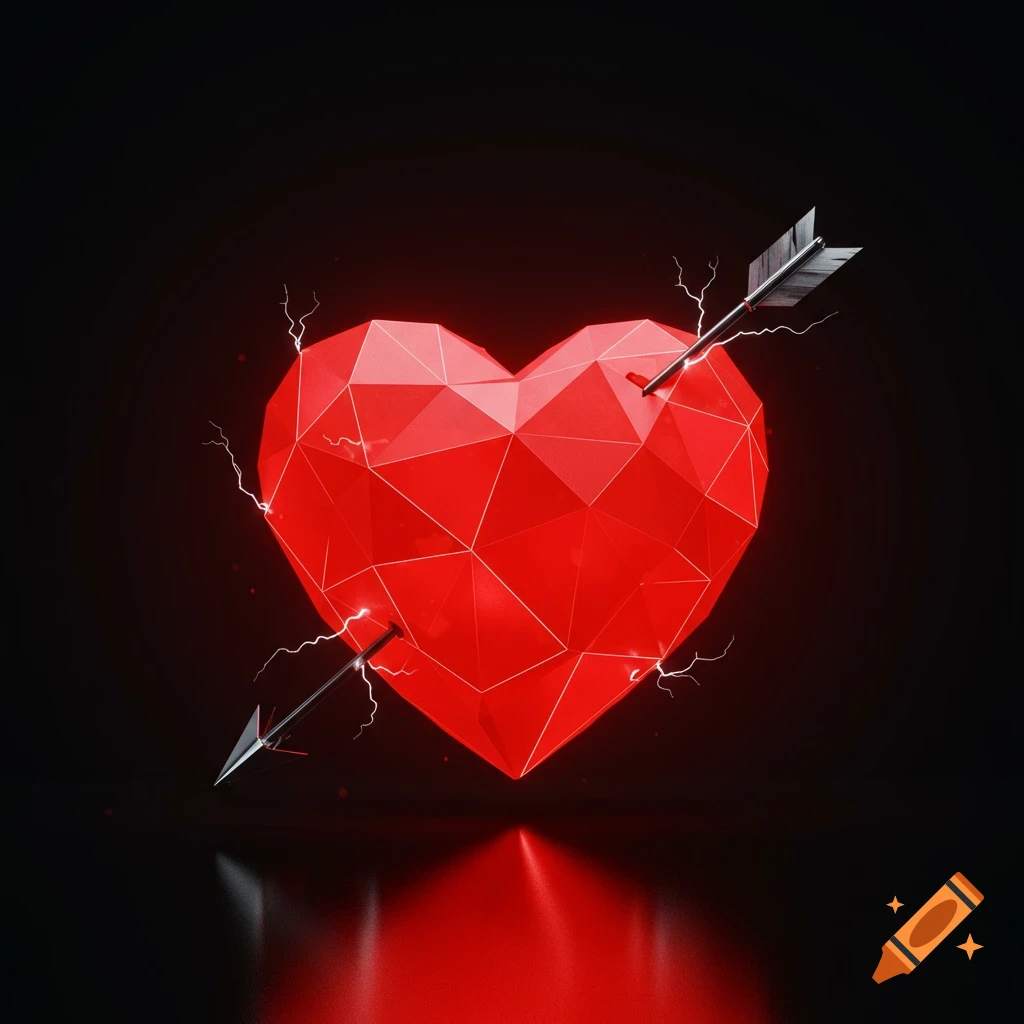 A geometric, faceted red heart with glowing edges, pierced by a metallic arrow, against a dark background with lightning effects.