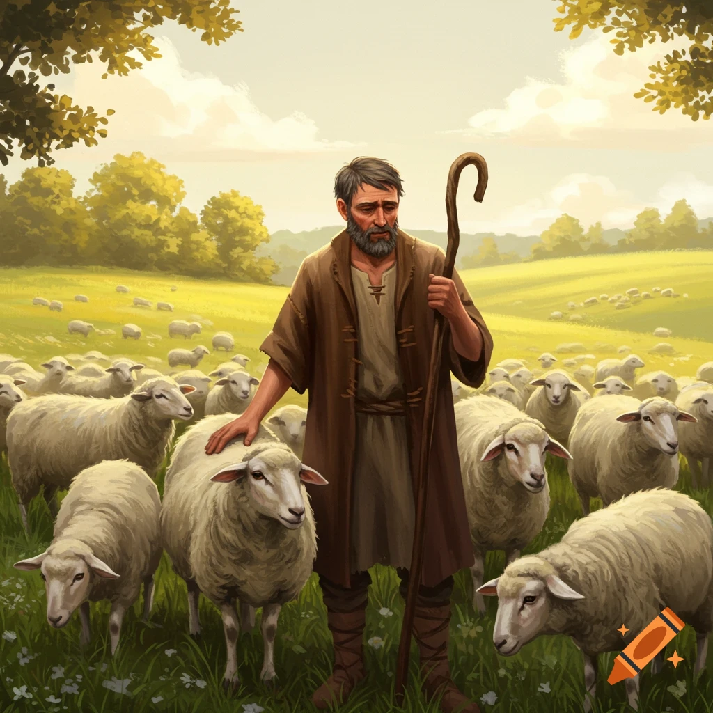 An illustration of a somber shepherd with a staff, gently touching a sheep in a green, sunny field surrounded by his large flock.