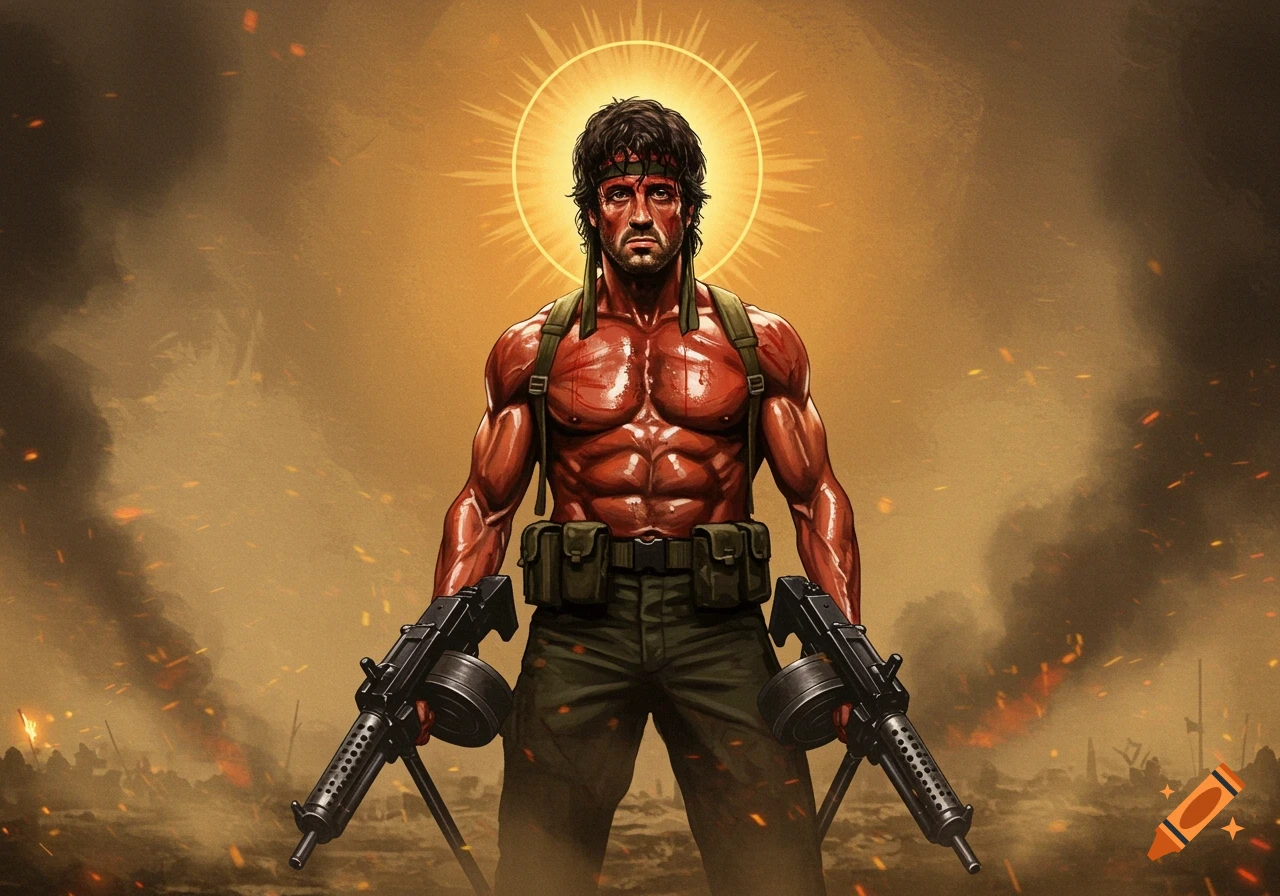 Stylized illustration of Rambo, shirtless and muscular, with a sun halo, holding two machine guns on a smoky battlefield.