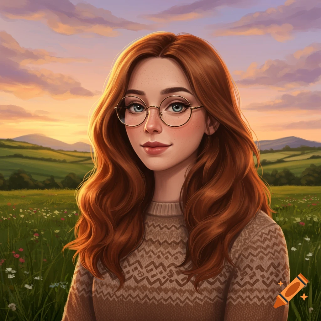 A digital art portrait of a smiling red-haired woman wearing round glasses and a patterned sweater, standing in a field at sunset.