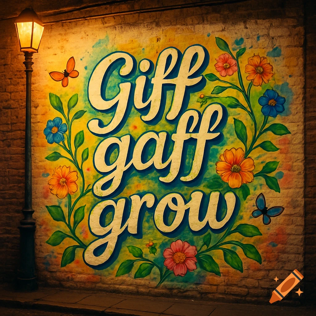 Colorful 'Giff gaff grow' floral mural on a brick wall illuminated by a street lamp at night, with butterflies and flowers.