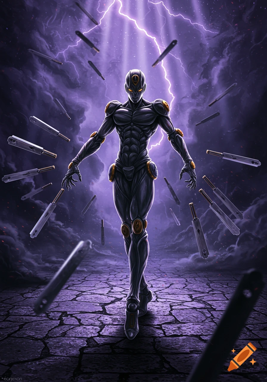 A muscular, dark humanoid figure with glowing yellow eyes stands amidst floating blades and purple lightning in a stormy, cracked landscape. Anime style.