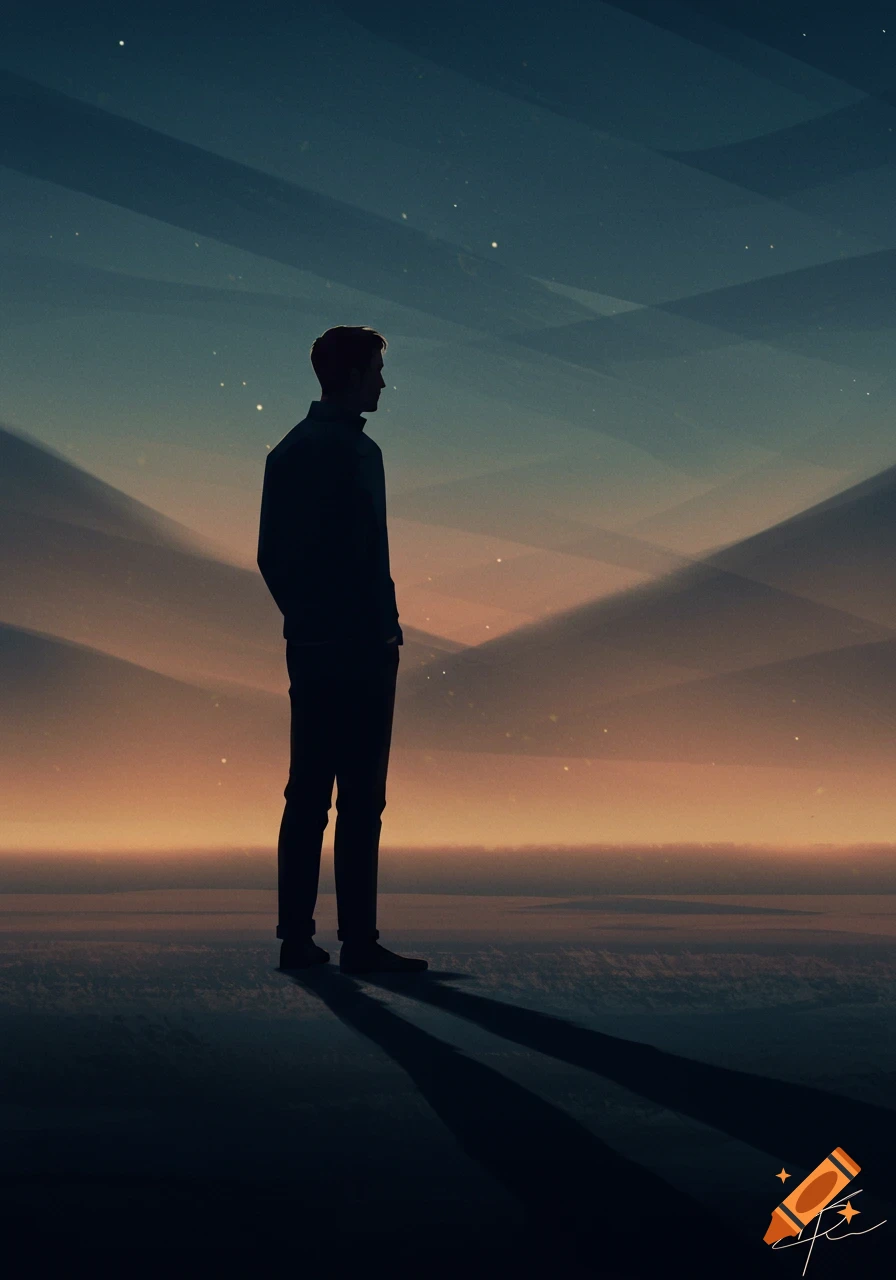 Stylized drawing of a man in silhouette standing against a gradient sunset or dusk sky with faint stars, looking right over a dark landscape.