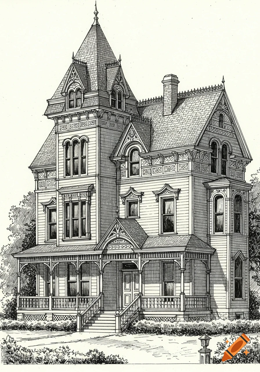 Detailed black and white architectural sketch of a grand Victorian house with a prominent tower, gables, and a wraparound porch.