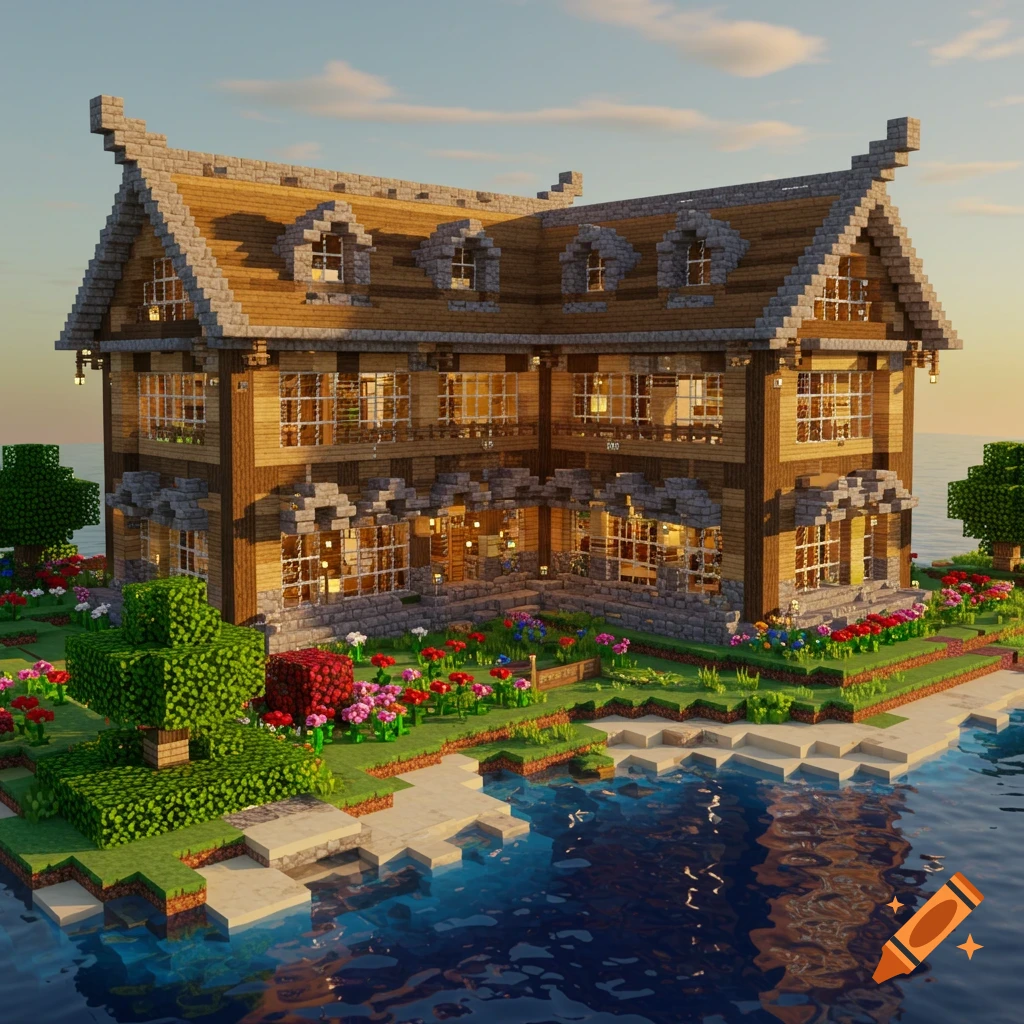 A detailed Minecraft-style house with a large garden on a sandy shore next to water under a sunset sky.