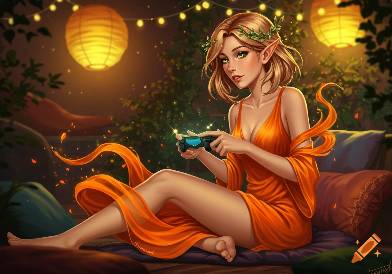 An elf woman with green eyes and a leafy headband, wearing an orange dress, plays video games outdoors at night under glowing lanterns in a stylized art style.