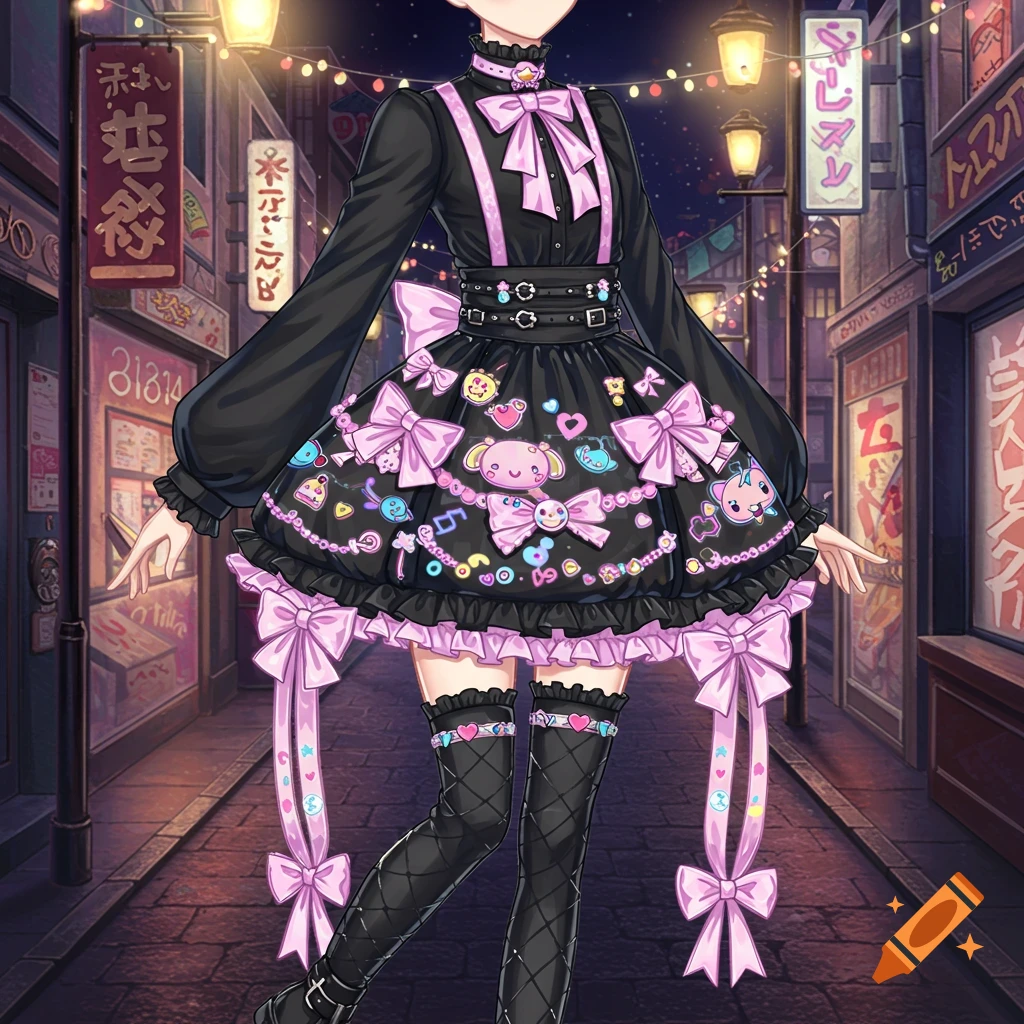 Anime character in a black and pink gothic lolita dress with bows and charms, standing on a Japanese street at night.