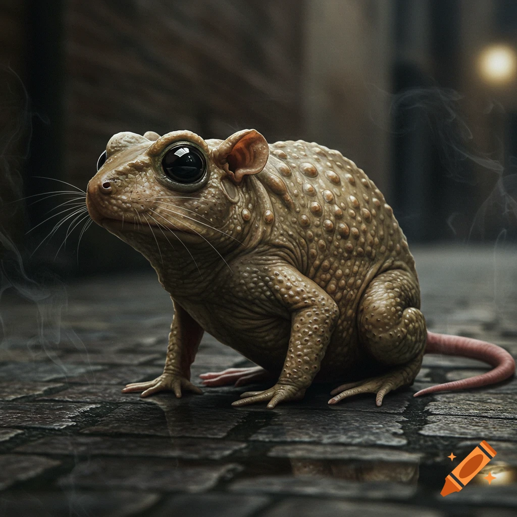 A photorealistic rat-toad hybrid with bumpy, moist skin, large black eyes, and whiskers, sitting on wet cobblestones.