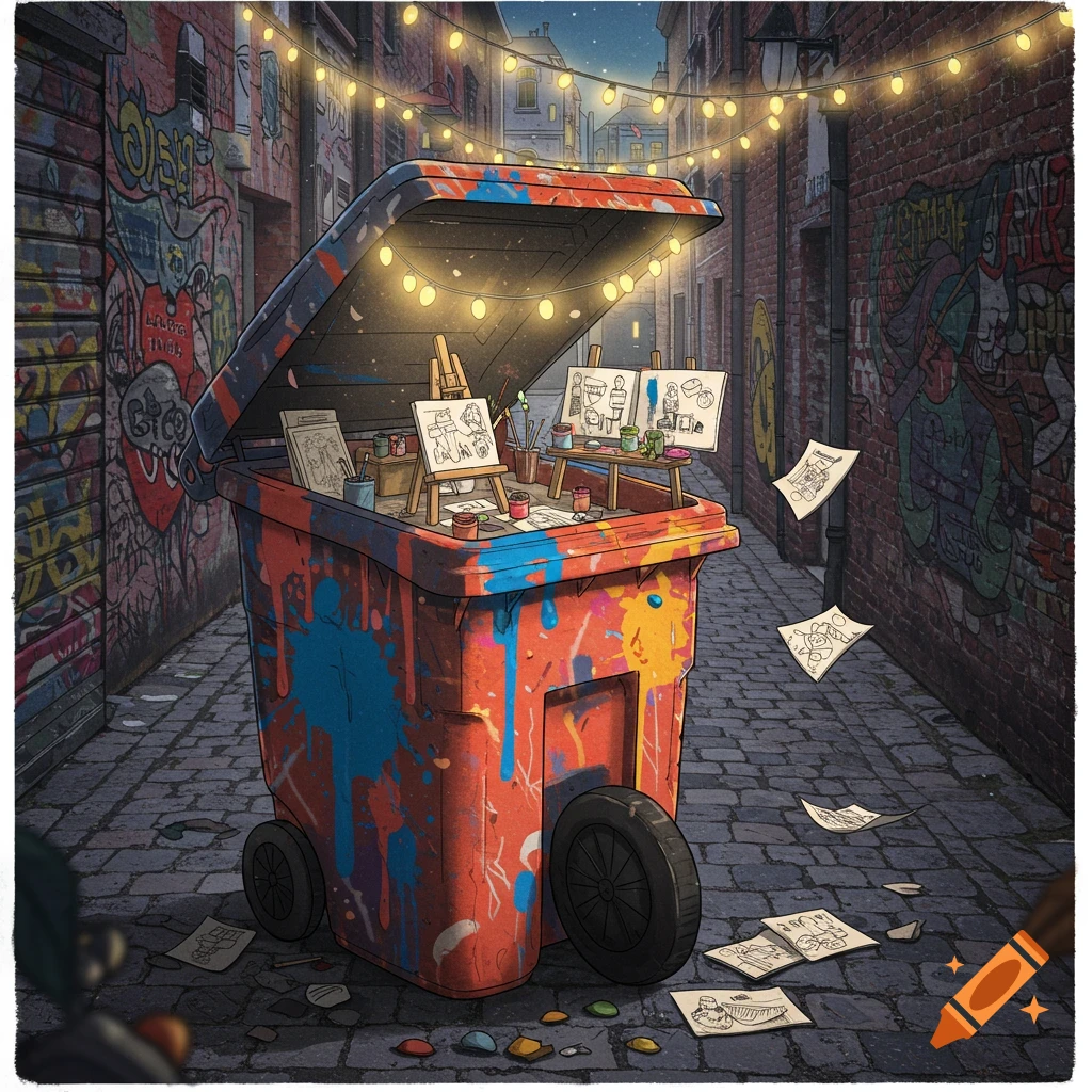 A vibrant, cartoonish illustration of an alleyway at night, where a red, paint-splattered wheelie bin has been converted into an art studio with easels and paints under string lights. Graffiti covers the brick walls, and scattered drawings lie on the cobblestone ground.