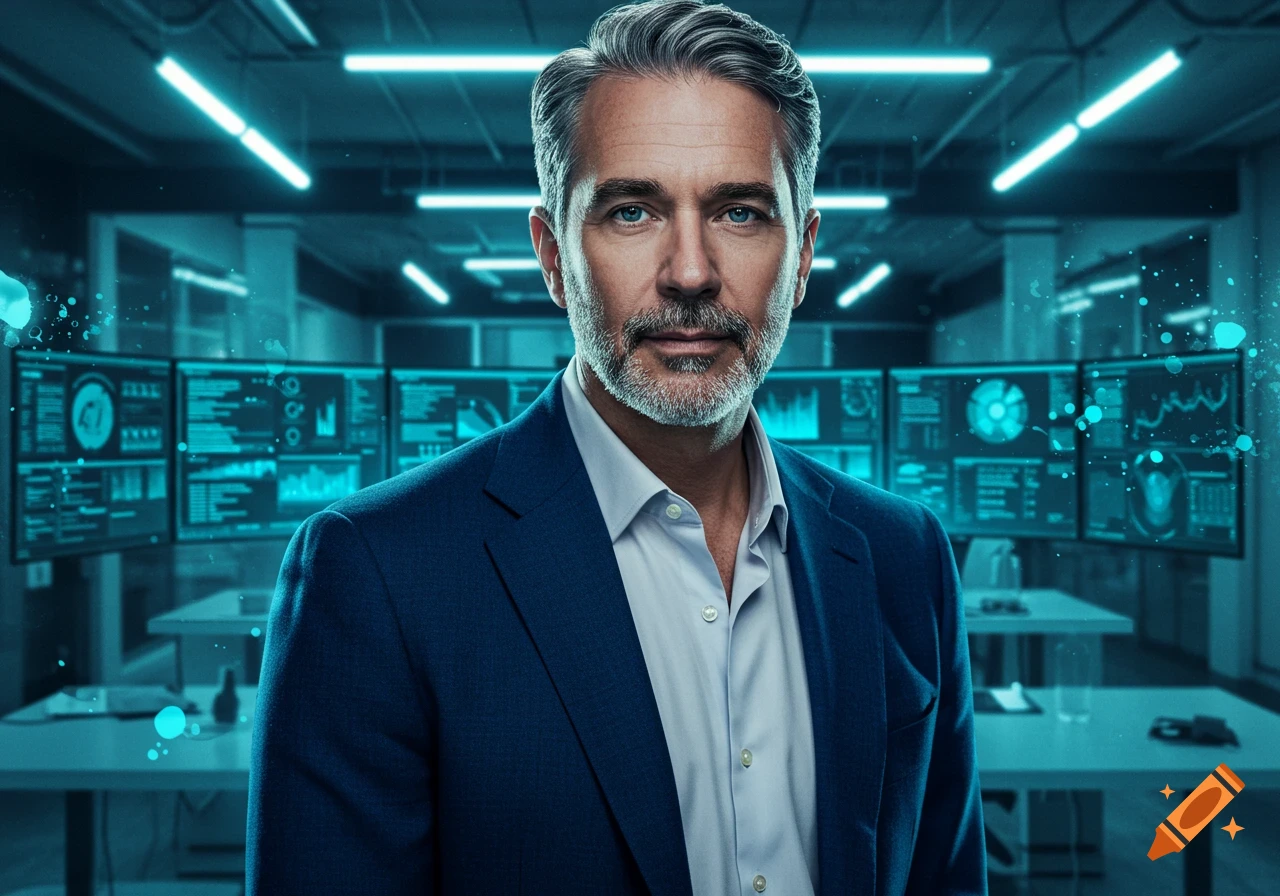 A confident man in a blue suit and white shirt stands in a modern, blue-lit server room or data center, looking directly at the viewer.