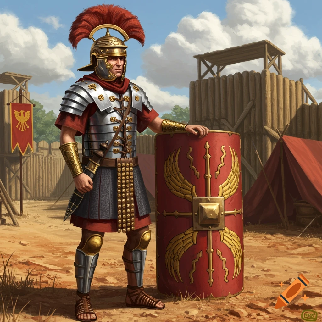 A Roman legionary in full armor, holding a scutum shield, stands in a military camp.