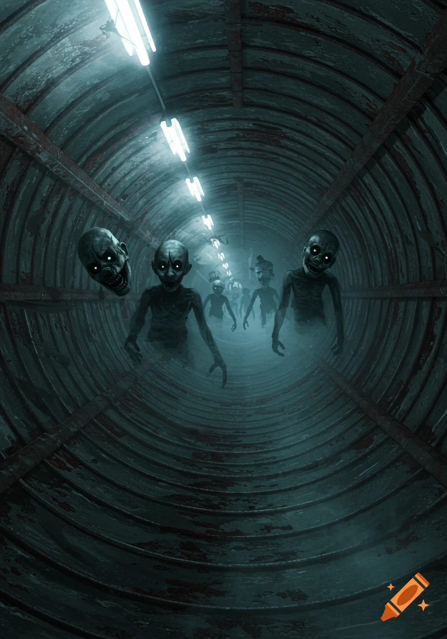 Creepy, glowing-eyed figures in a foggy, dark, rusty tunnel with overhead lights.