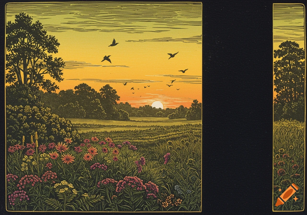 Vibrant color woodcut landscape with flowers, trees, and birds against a golden sunrise sky, bordered by black on the right.