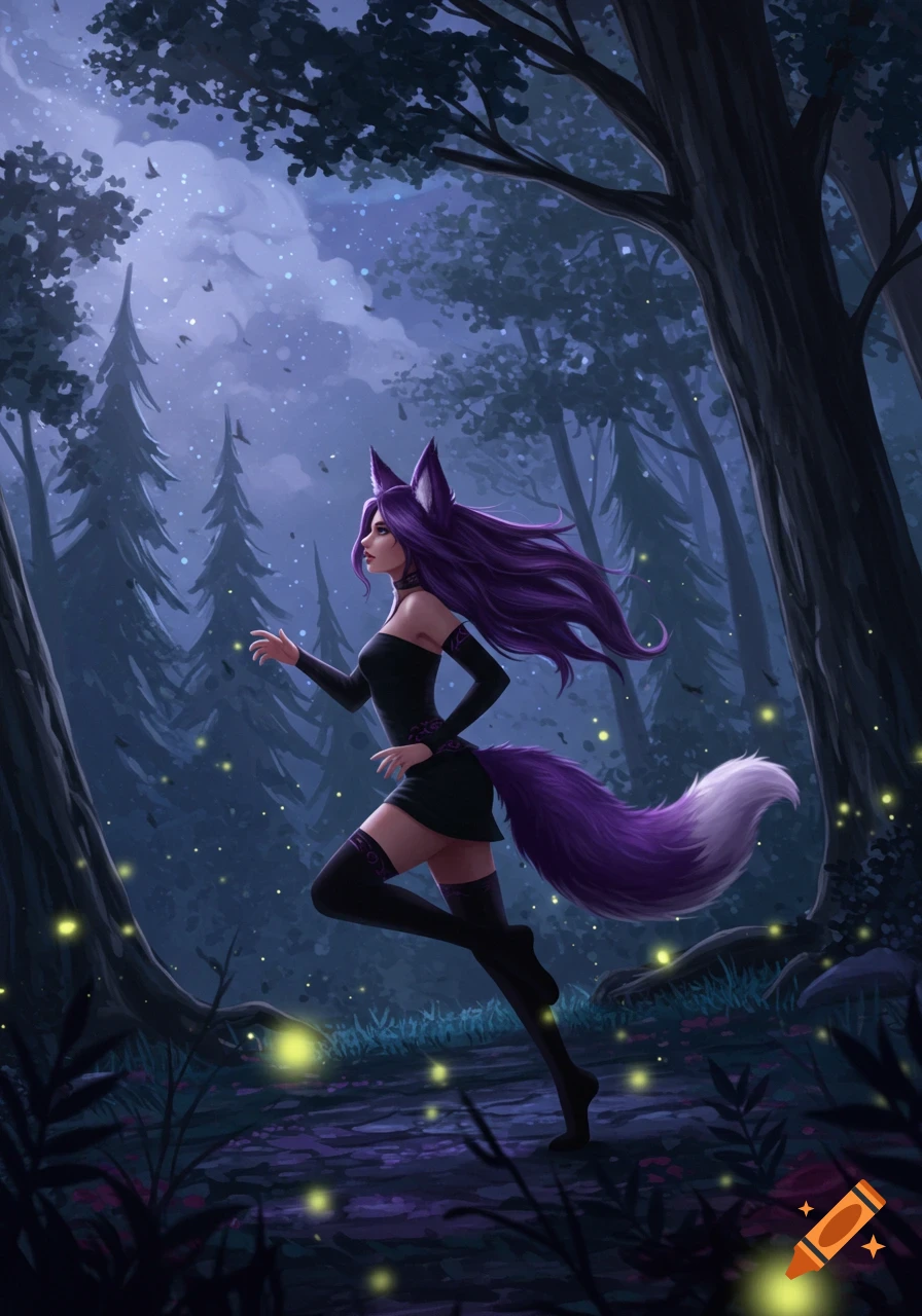 Digital painting of a woman with purple fox ears and tail, running through a dark, magical forest at night with glowing fireflies.