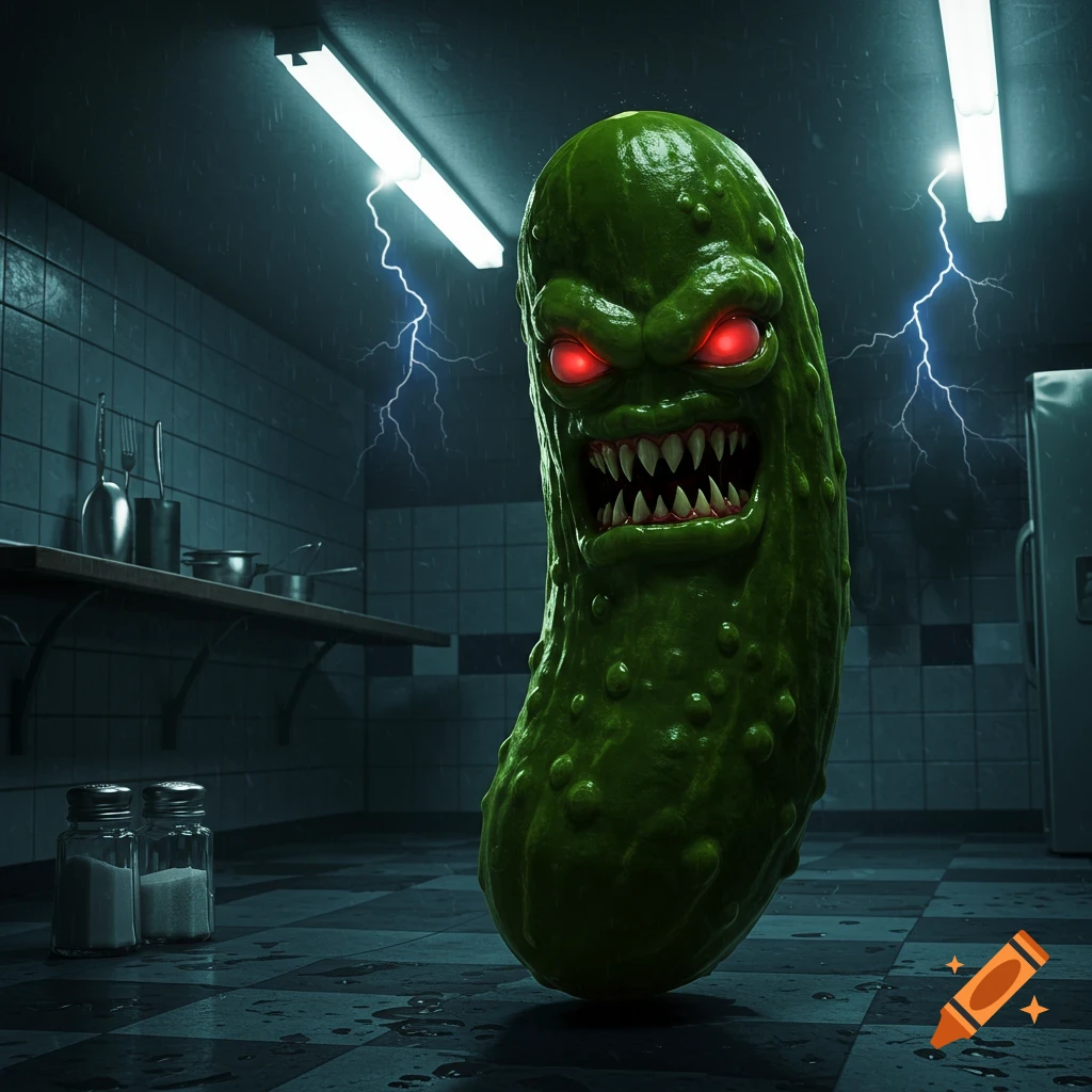 A photorealistic, menacing green pickle monster with glowing red eyes and sharp teeth stands in a dark, stormy kitchen with lightning.