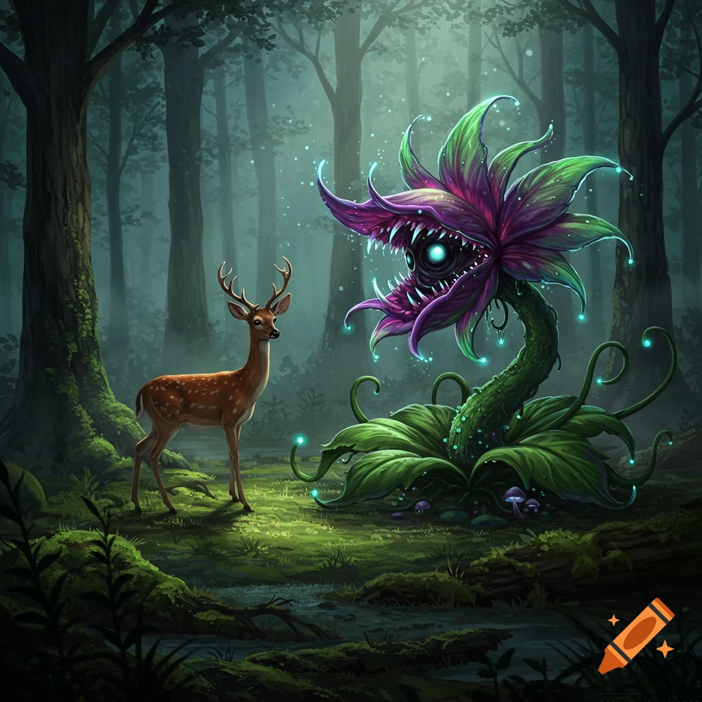 A deer stands in a misty, dark forest near a glowing, purple and green monstrous plant with sharp teeth, digital painting.