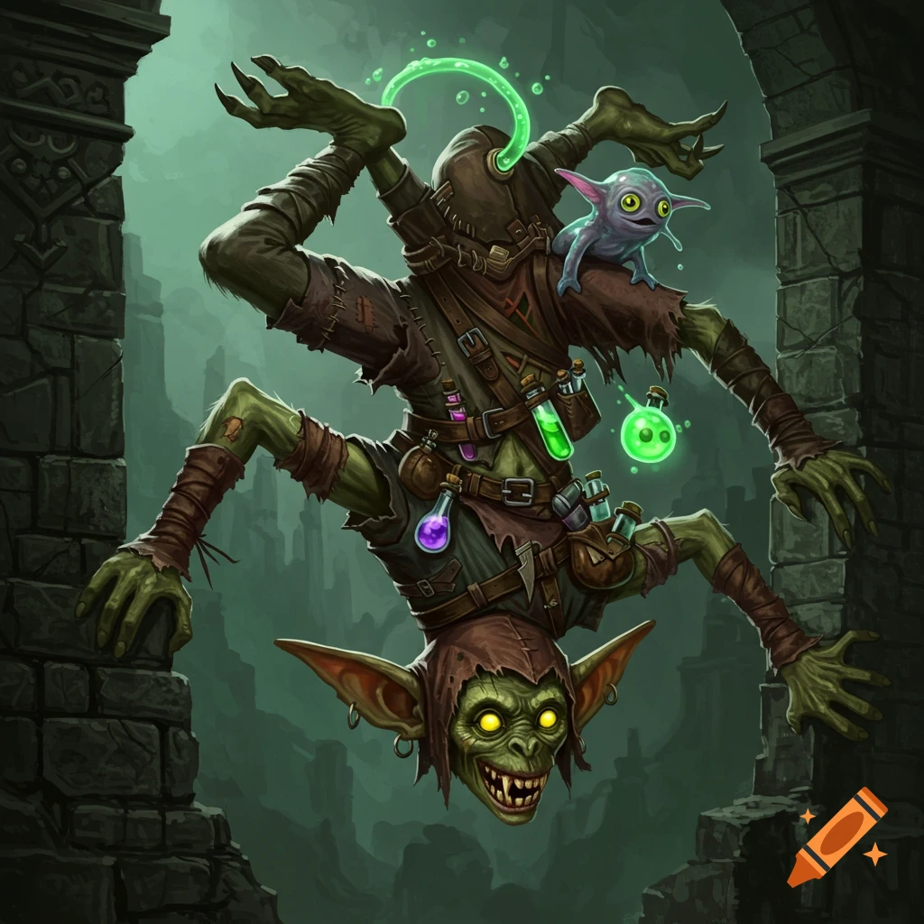 Digital painting of a multi-limbed, green-skinned goblin alchemist with glowing vials, perched upside-down on a stone wall with a small familiar.