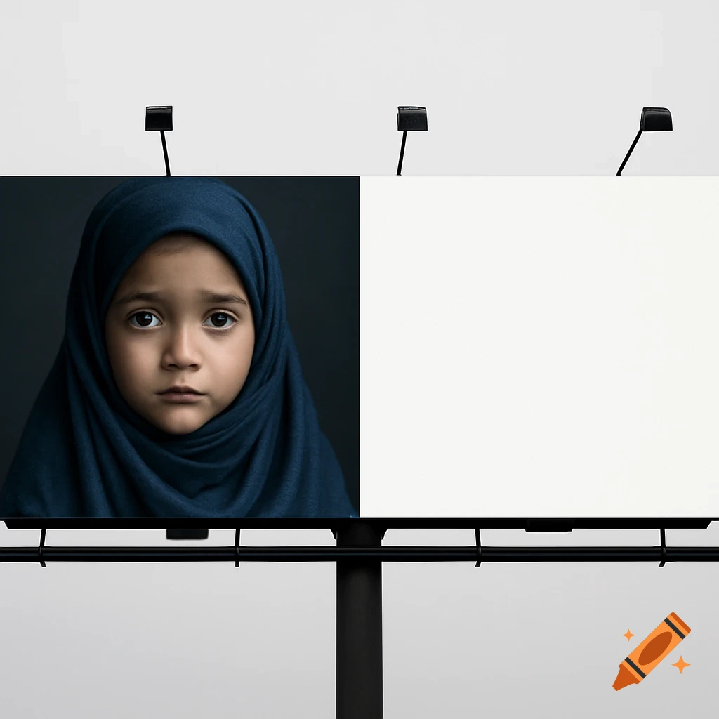 A close-up portrait of a sad young girl in a blue hijab on a billboard, with a blank white space next to her.