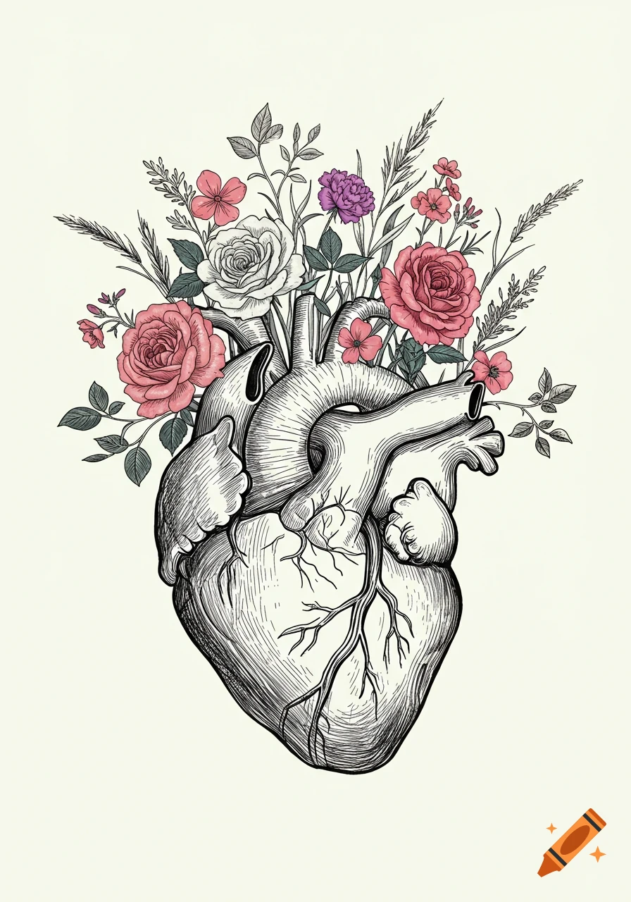 A detailed line drawing of an anatomical heart with colorful pink, white, and purple flowers and green plants emerging from its top.