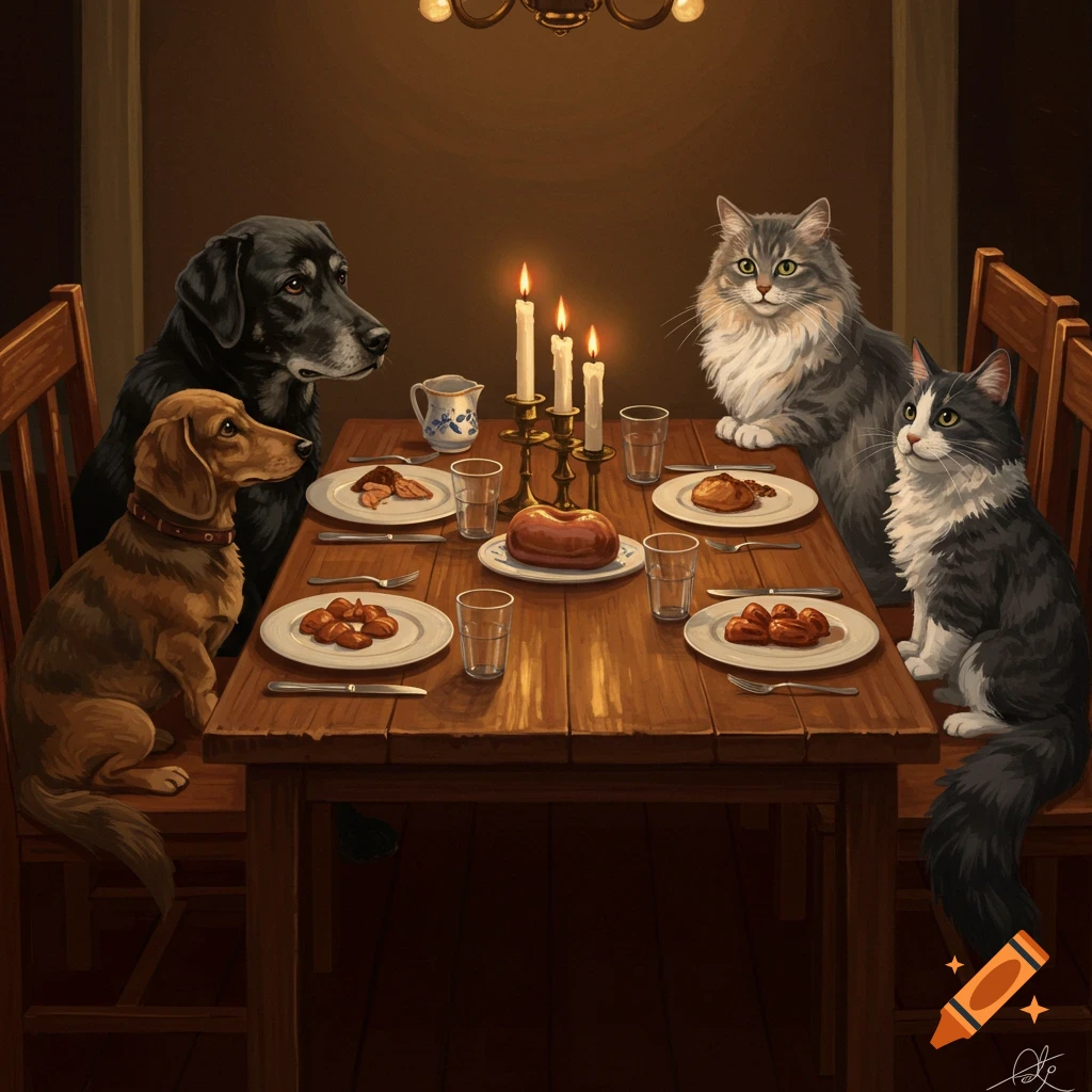 A black lab, a dachshund, a gray cat, and a black and white cat sit around a candlelit dinner table with plates of food in a realistic painting.