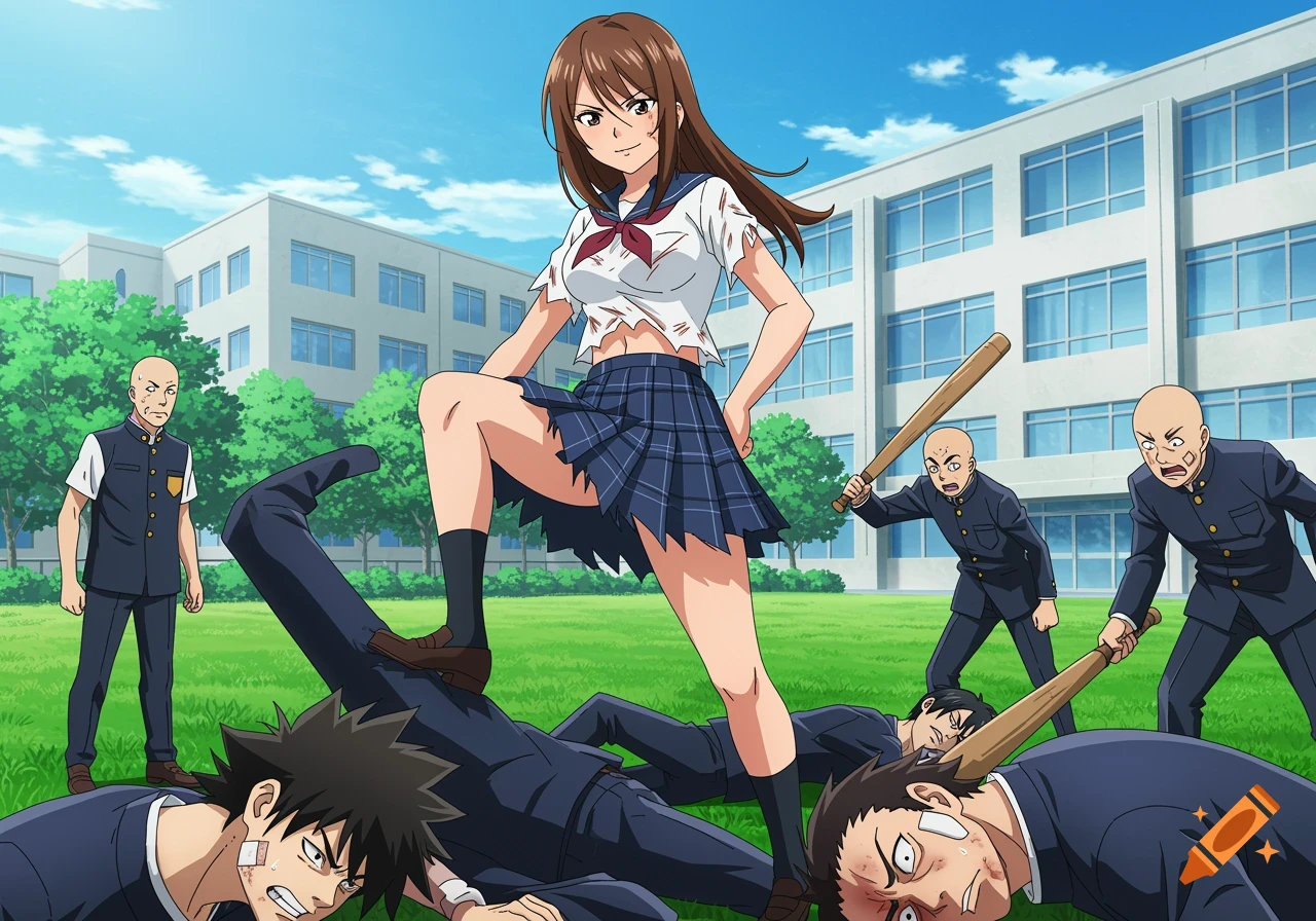 Fierce anime girl in torn uniform steps on defeated male opponent in a schoolyard, surrounded by other fallen students.