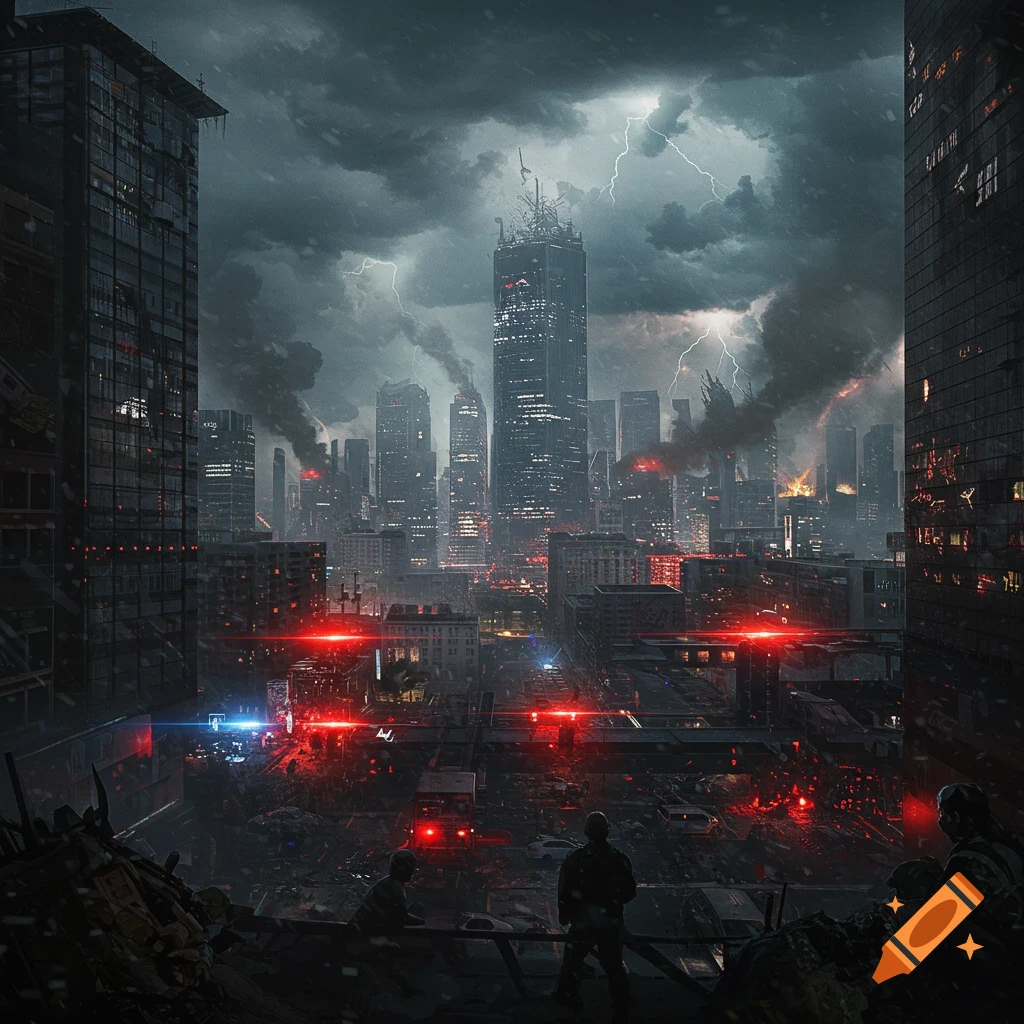 Dystopian cityscape in crisis, with lightning, smoke, and debris, viewed from above by silhouetted figures.