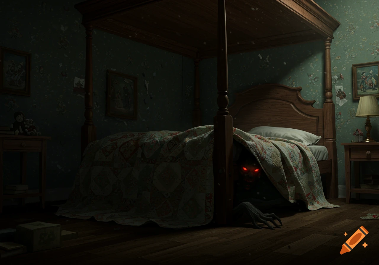 A shadowy monster with glowing red eyes and a clawed hand peeks from under a bed in a dark, vintage-style bedroom.