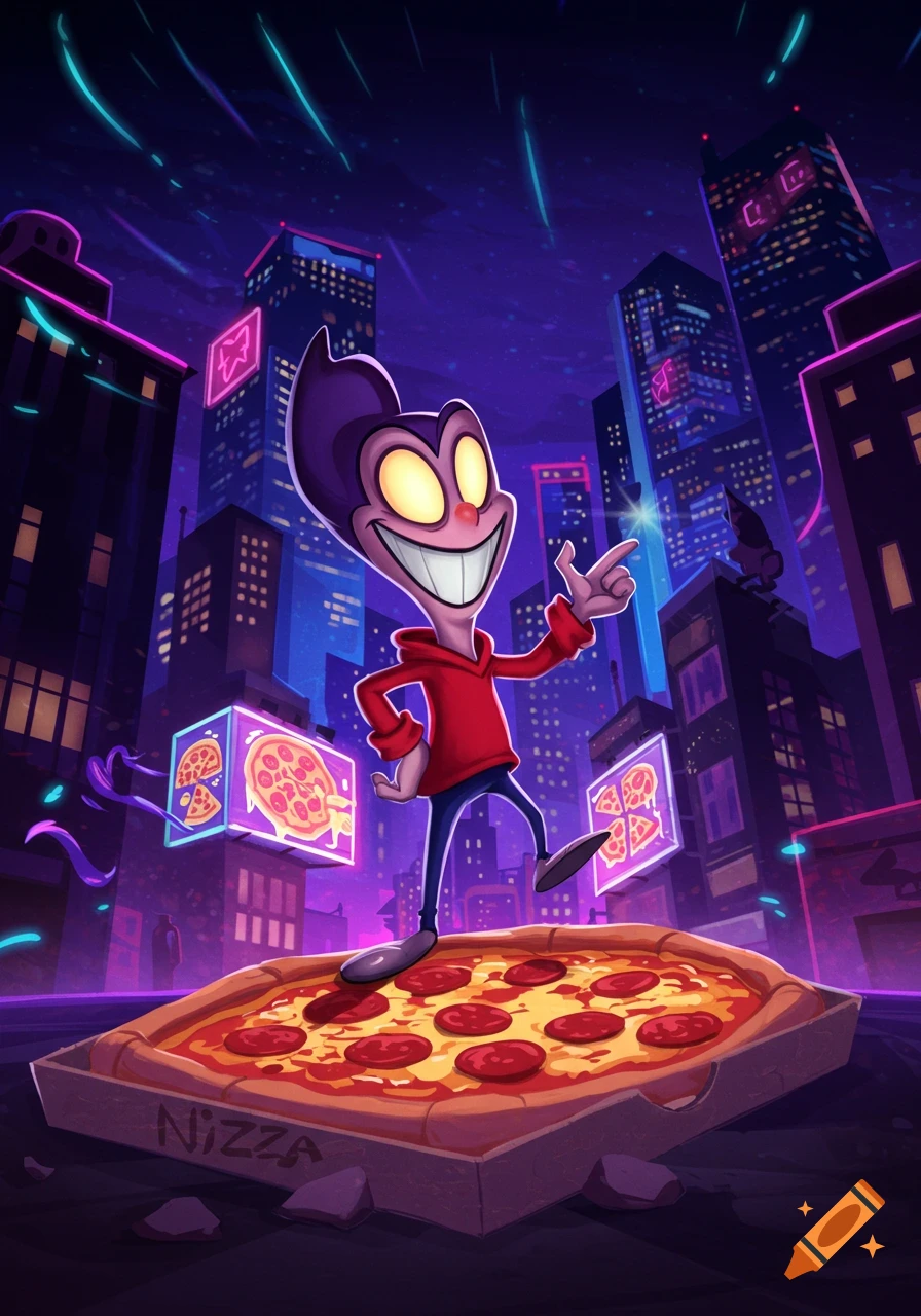 A stylized cartoon character in a red hoodie stands on a giant pizza box on a neon-lit city rooftop at night.