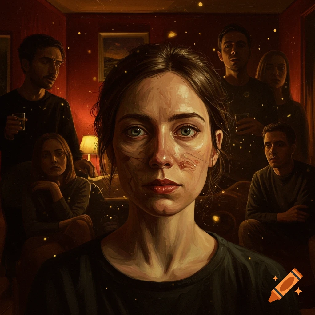 Chiaroscuro oil painting of a woman with textured facial marks looking forward, with blurred friends in a dimly lit room behind her.