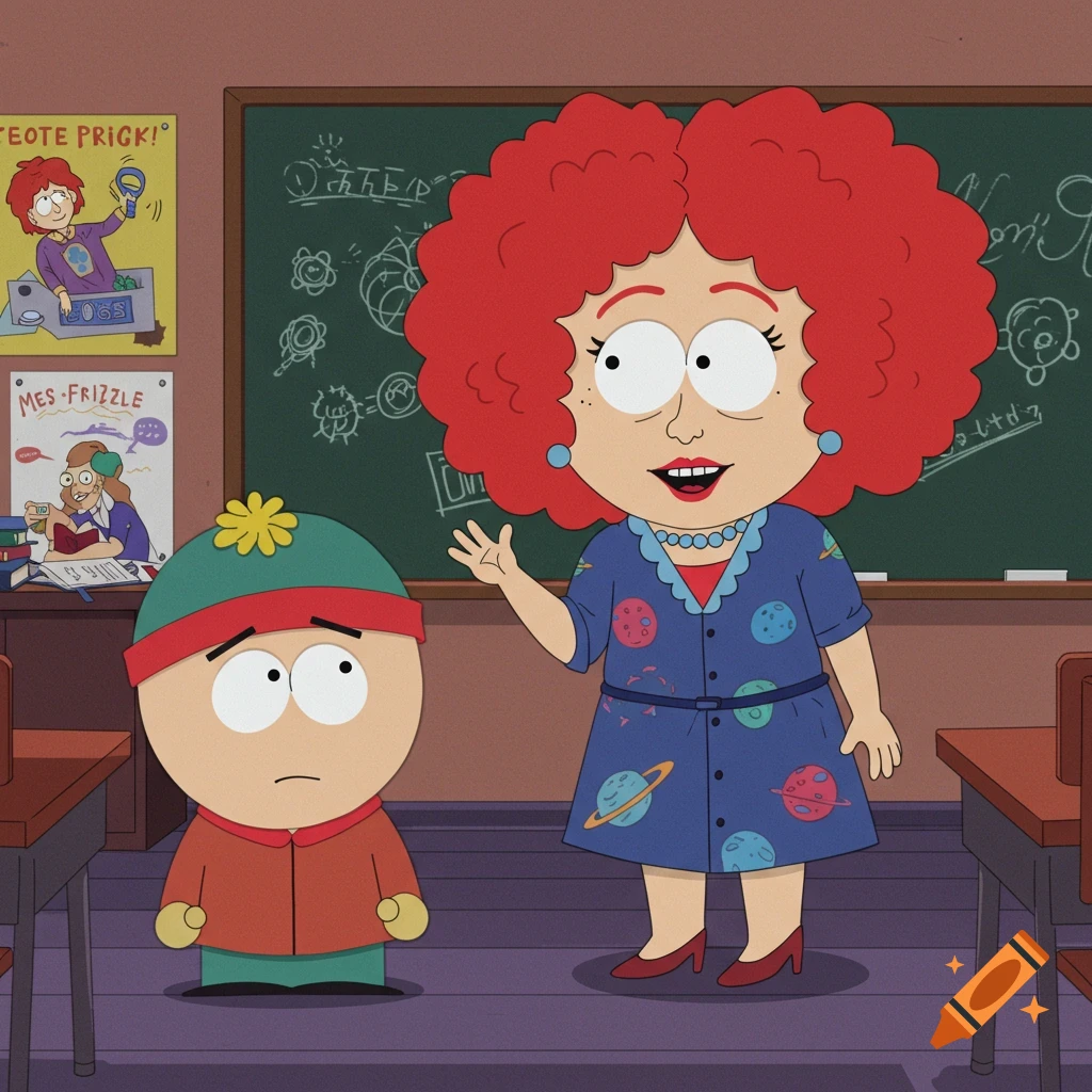 Ike from South Park standing next to Miss Frizzle in a classroom. Miss Frizzle wears a blue dress with planets, has red afro hair, and is waving. Ike wears a green hat and orange jacket and looks nervous. Posters with text are on the wall.