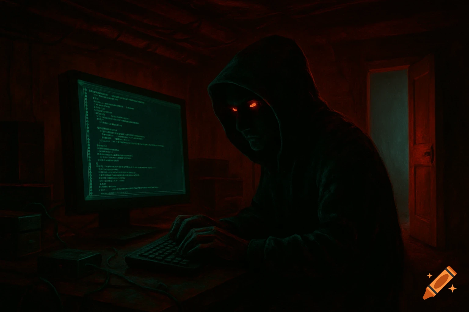 A shadowy hacker in a hoodie with glowing red eyes types on a computer in a dim, red-lit room. The monitor displays garbled code, and an ajar door reveals light from outside.