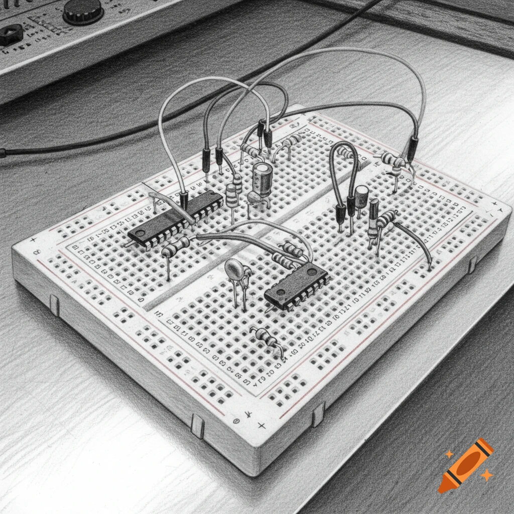 Pencil drawing of an electronic breadboard populated with integrated circuits, resistors, capacitors, and jumper wires.