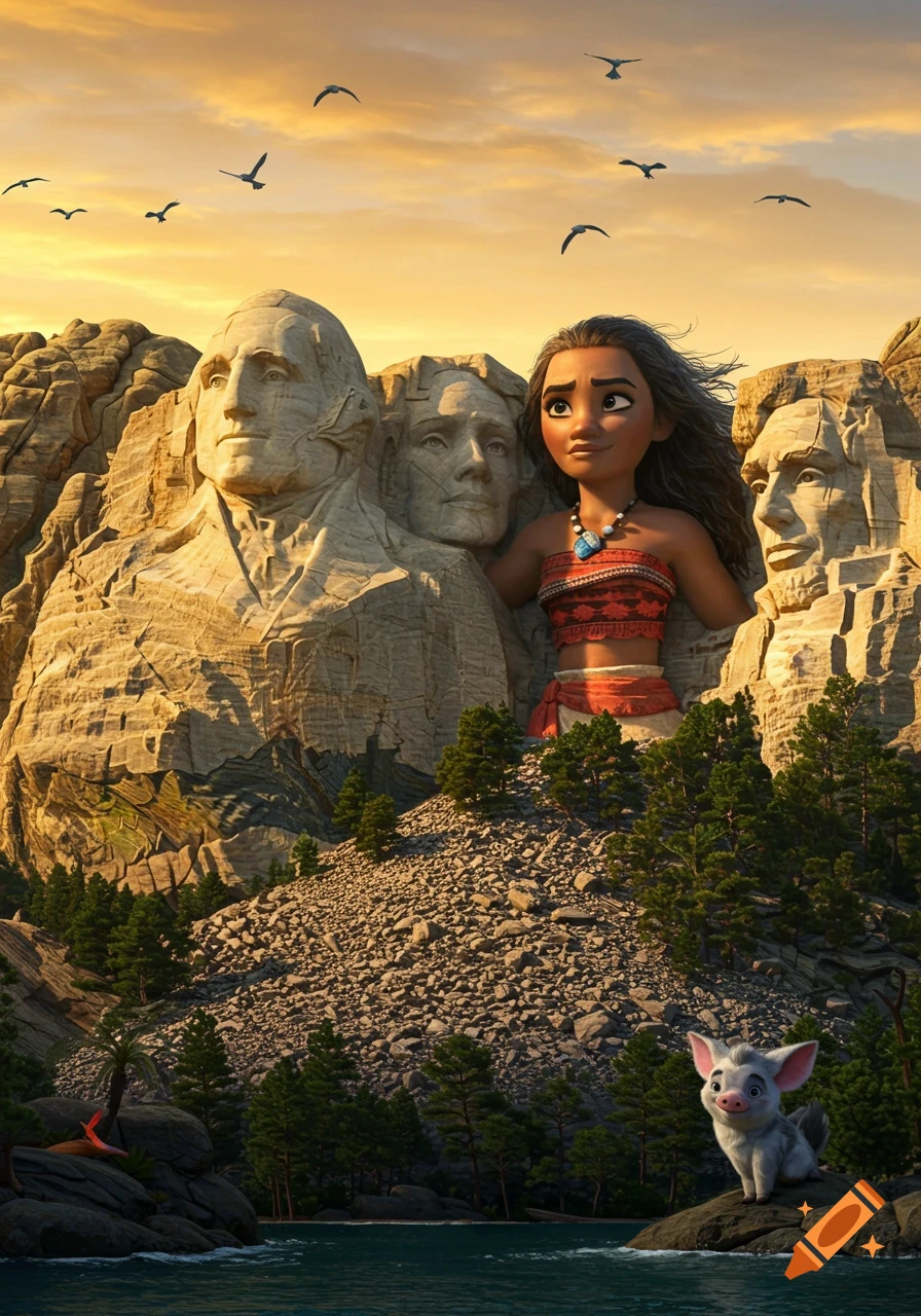 Animated character Moana carved into Mount Rushmore at sunset, with Pua the pig on a rock by the water.