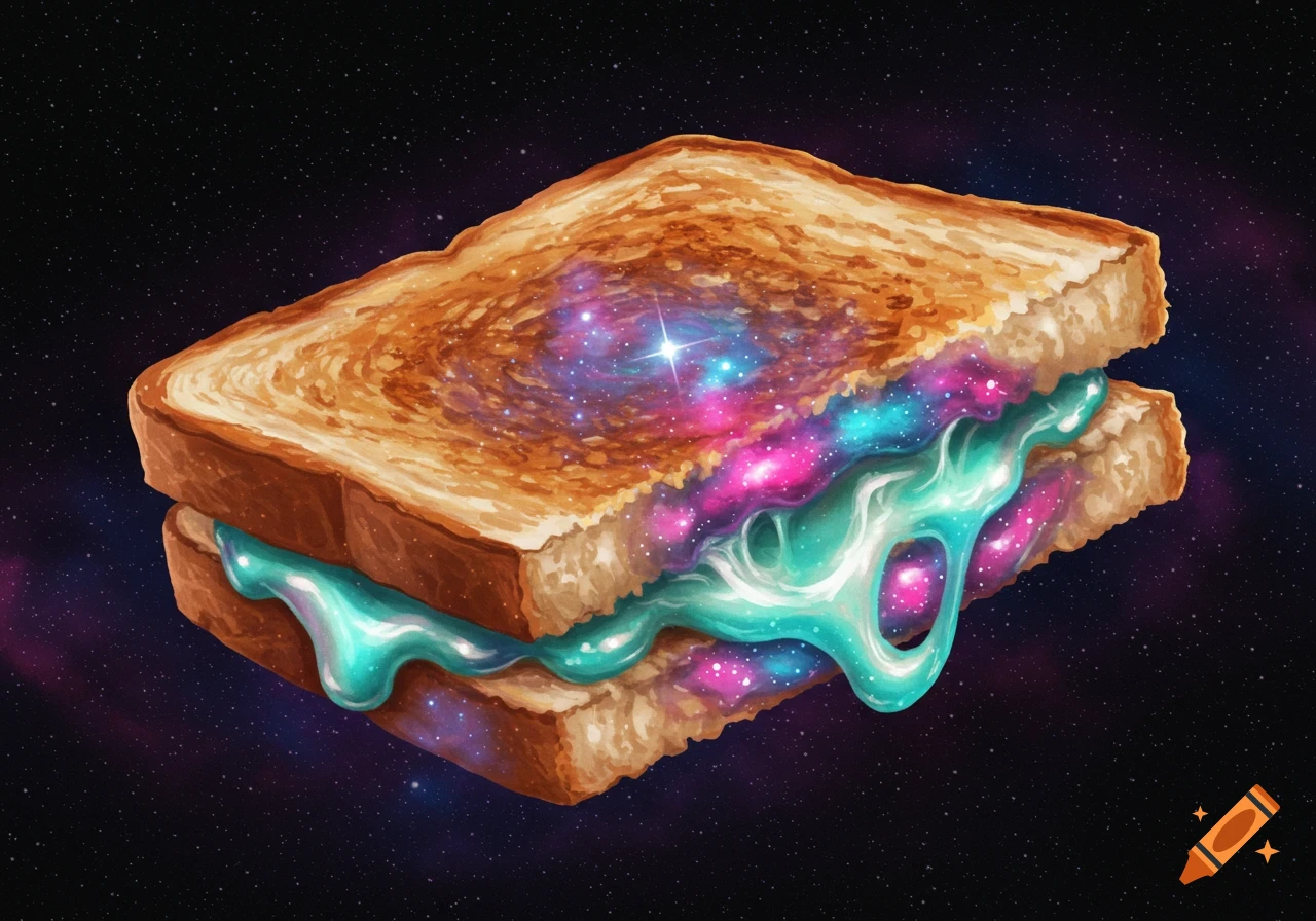 A grilled cheese sandwich with a vibrant galaxy filling, floating in dark space.