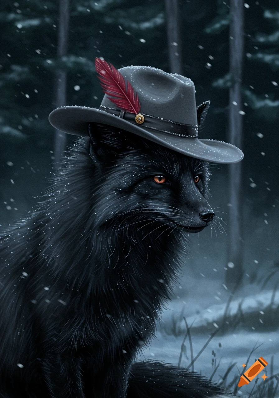 A black fox with bright orange eyes wears a gray fedora with a red feather, standing in a snowy forest.